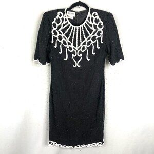 Vintage Brilliante by JA Dress Womens Large Black White Silk Beaded Cocktail